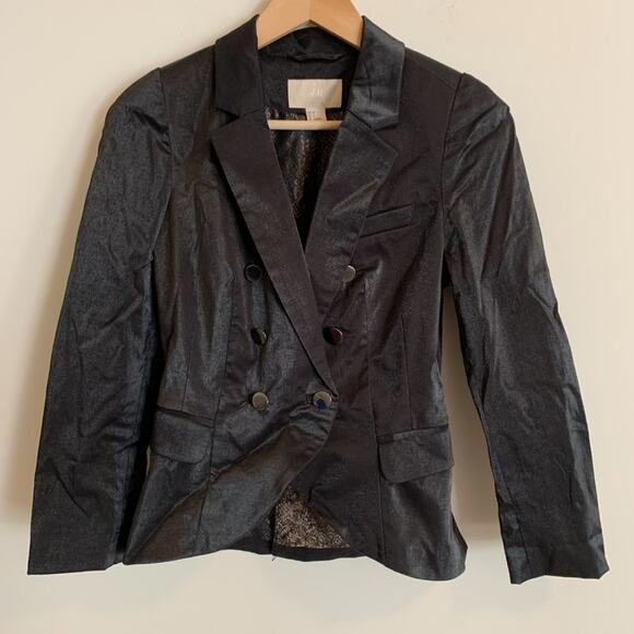 H&M Womens Size 4 Jacket Short Black Shimmer Silver Buttons Rock Preppy - Picture 2 of 9